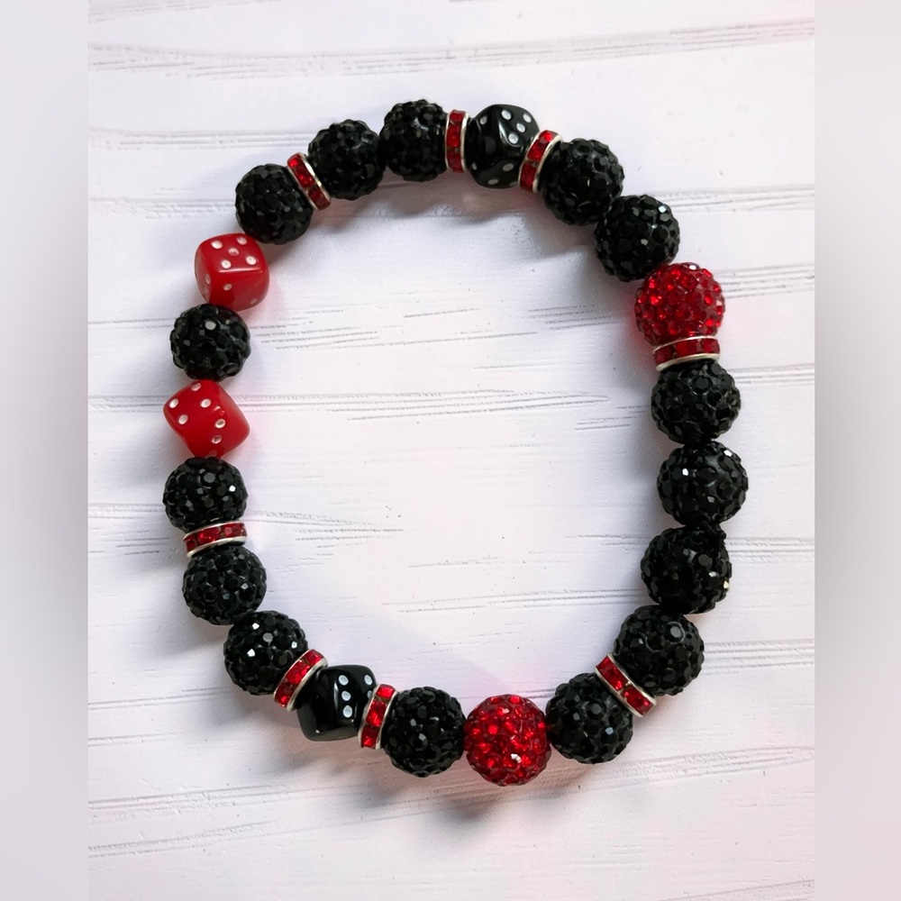 Handmade Red Black Pave Crystal Disco Ball Bead Stretch Bracelet Dice Accent NEW